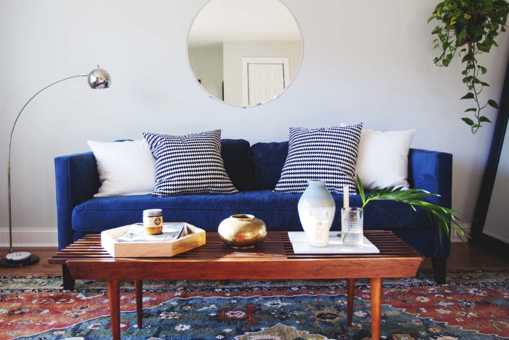 Modern Living Room Makeover Blue Velvet Sofa Before And After 6